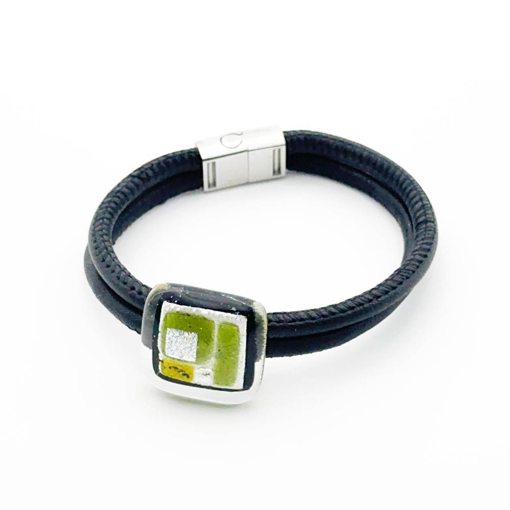 Pale Armband Glasschmuck Leder eckig [gelb, grün, silber]