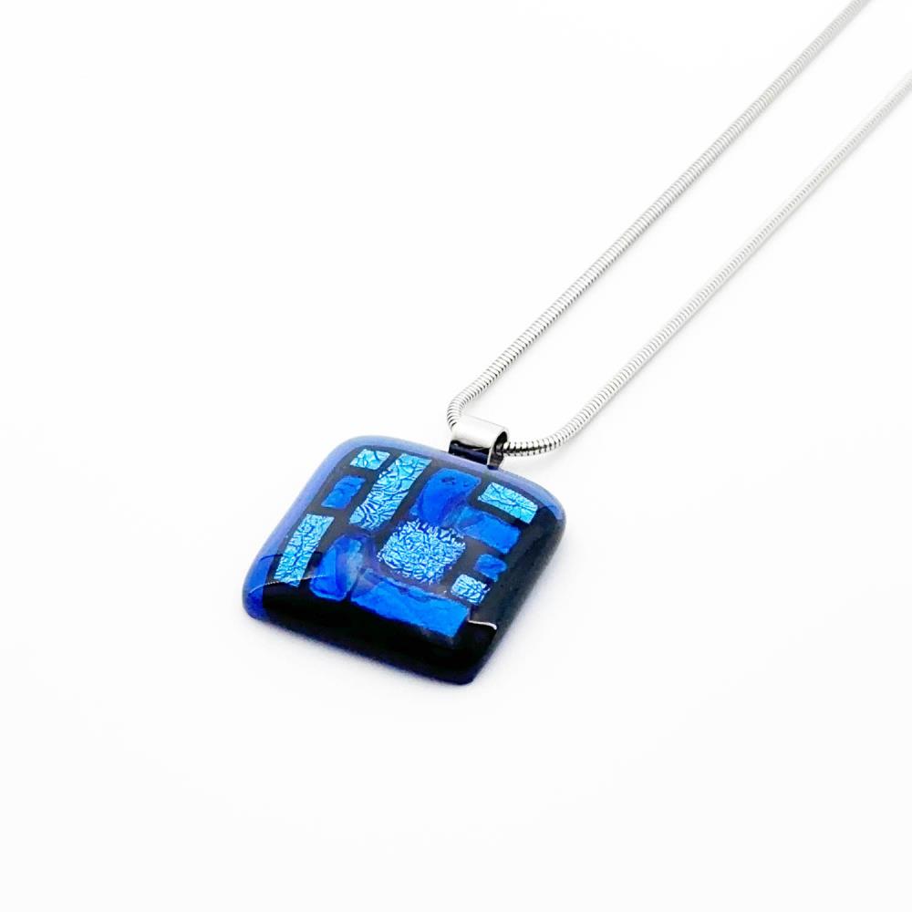 Gentian Kette+Anhänger Glasschmuck Edelstahl eckig