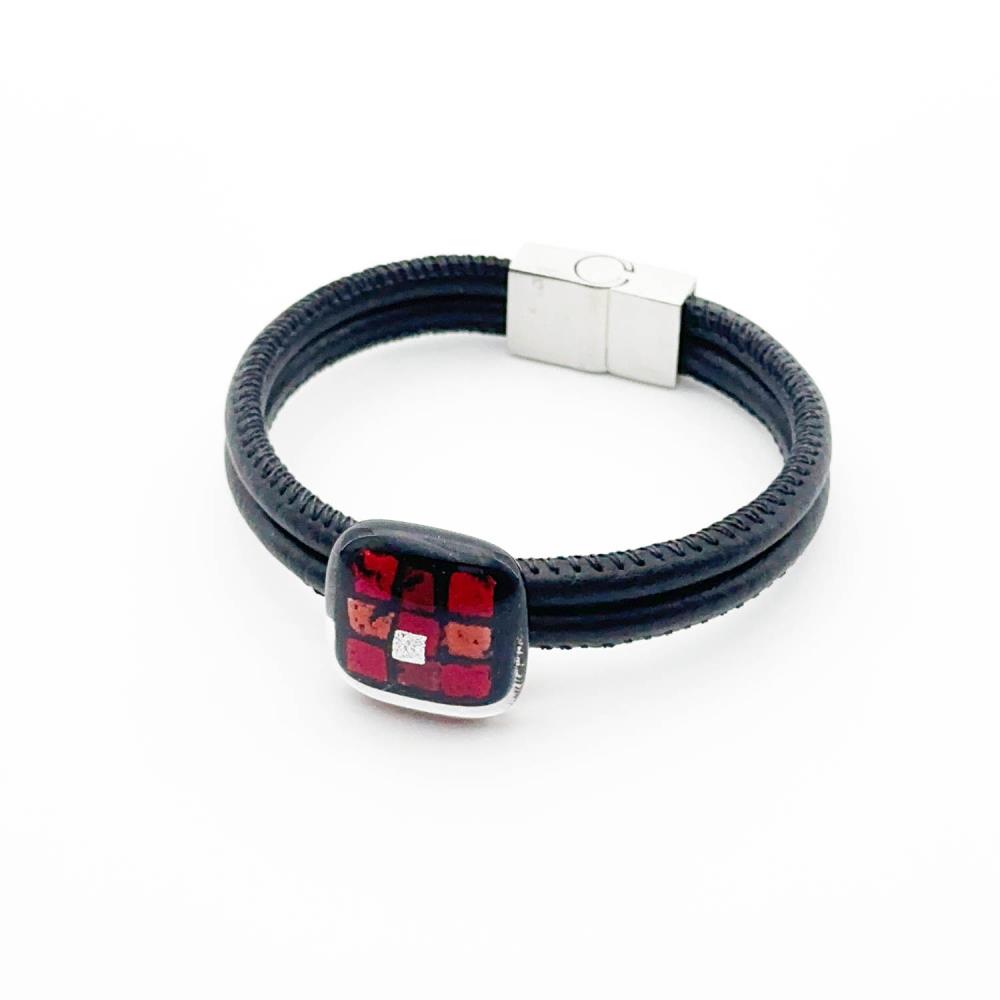 Flame Armband Glasschmuck Leder eckig [rot, silber]